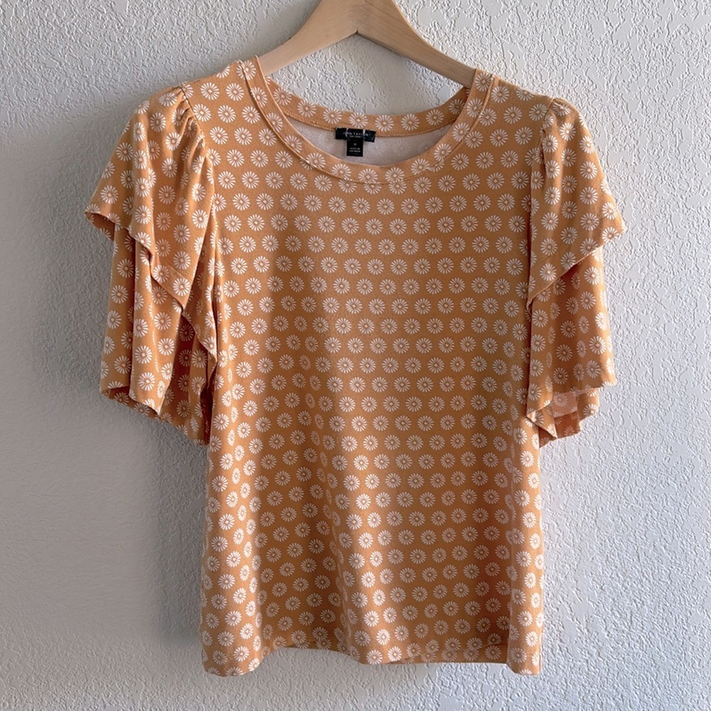 Ann Taylor Patterned Short Sleeve Top Mustard Yellow Medium